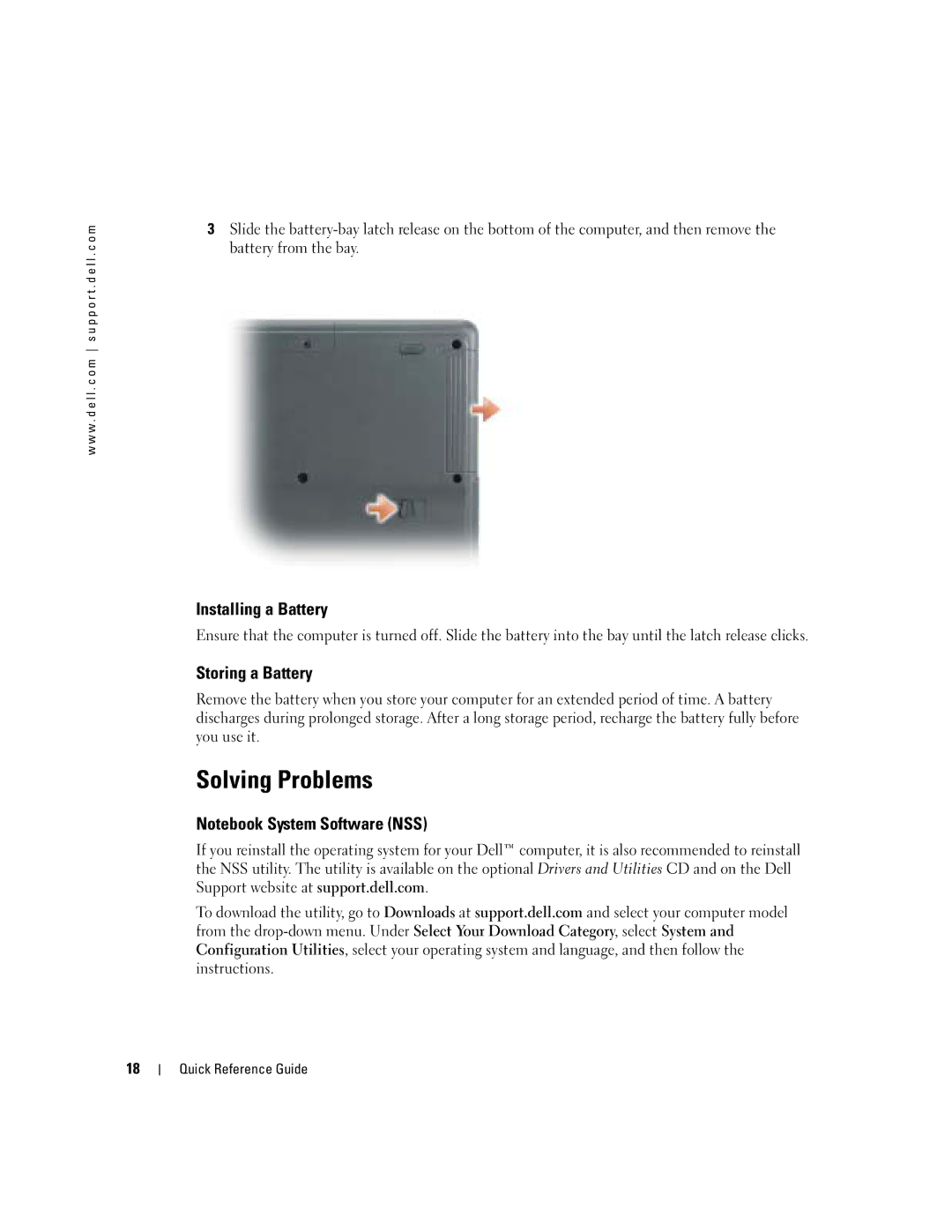 Dell 110L manual Solving Problems, Installing a Battery, Storing a Battery 