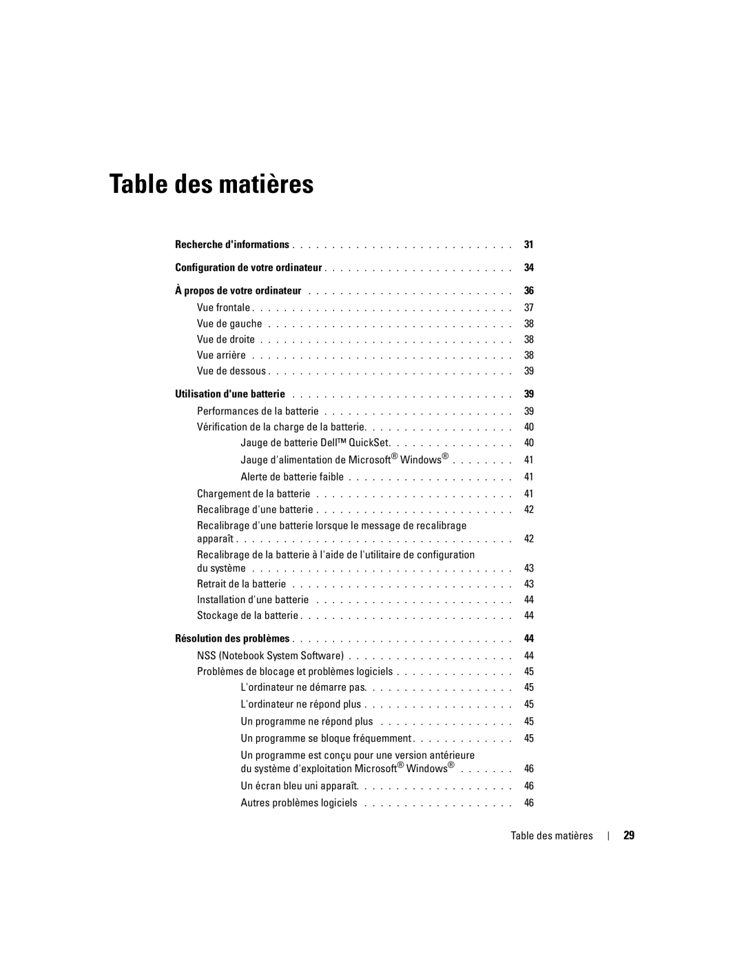 Dell 110L manual Problèmes de blocage et problèmes logiciels, Table des matières 