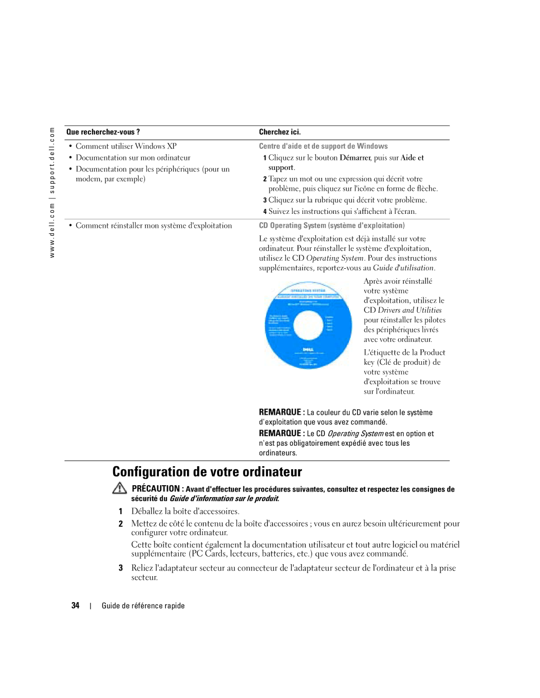 Dell 110L manual Configuration de votre ordinateur, Centre daide et de support de Windows 