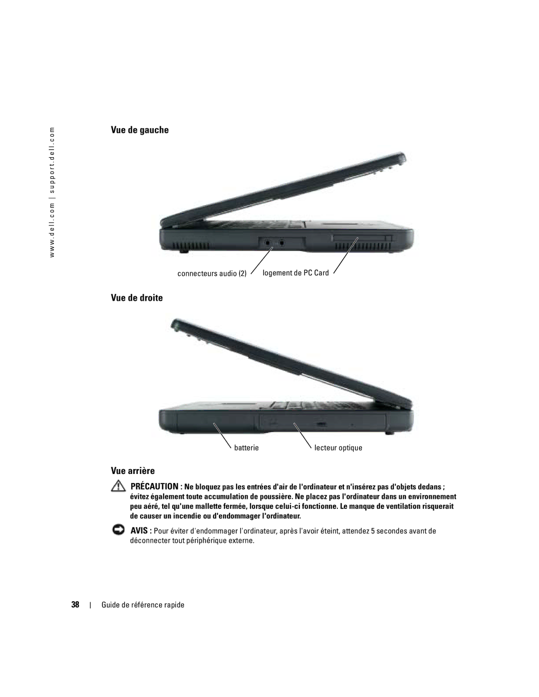 Dell 110L manual Vue de gauche, Vue de droite, Vue arrière, Connecteurs audio, Batterie 