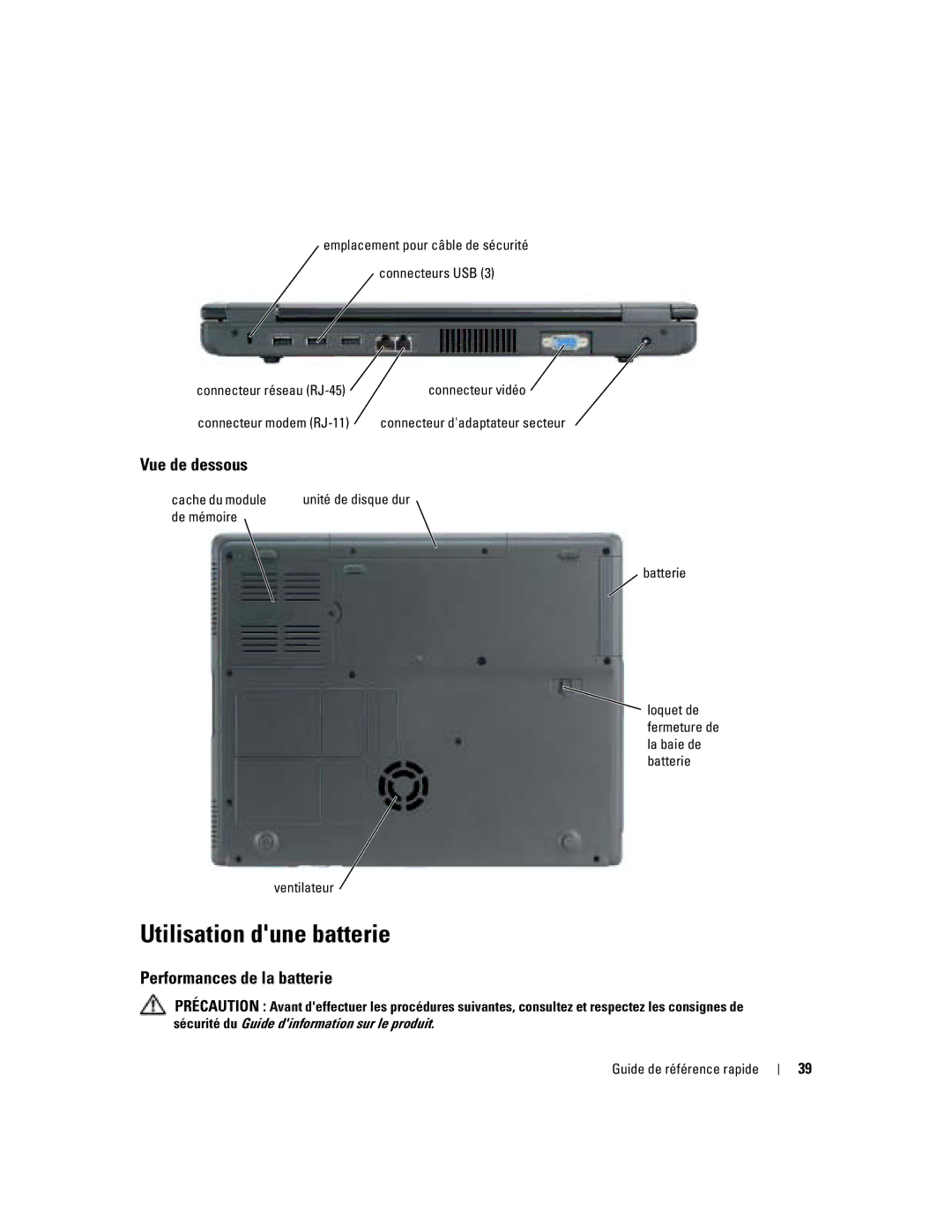 Dell 110L manual Utilisation dune batterie, Vue de dessous, Performances de la batterie, Cache du module 