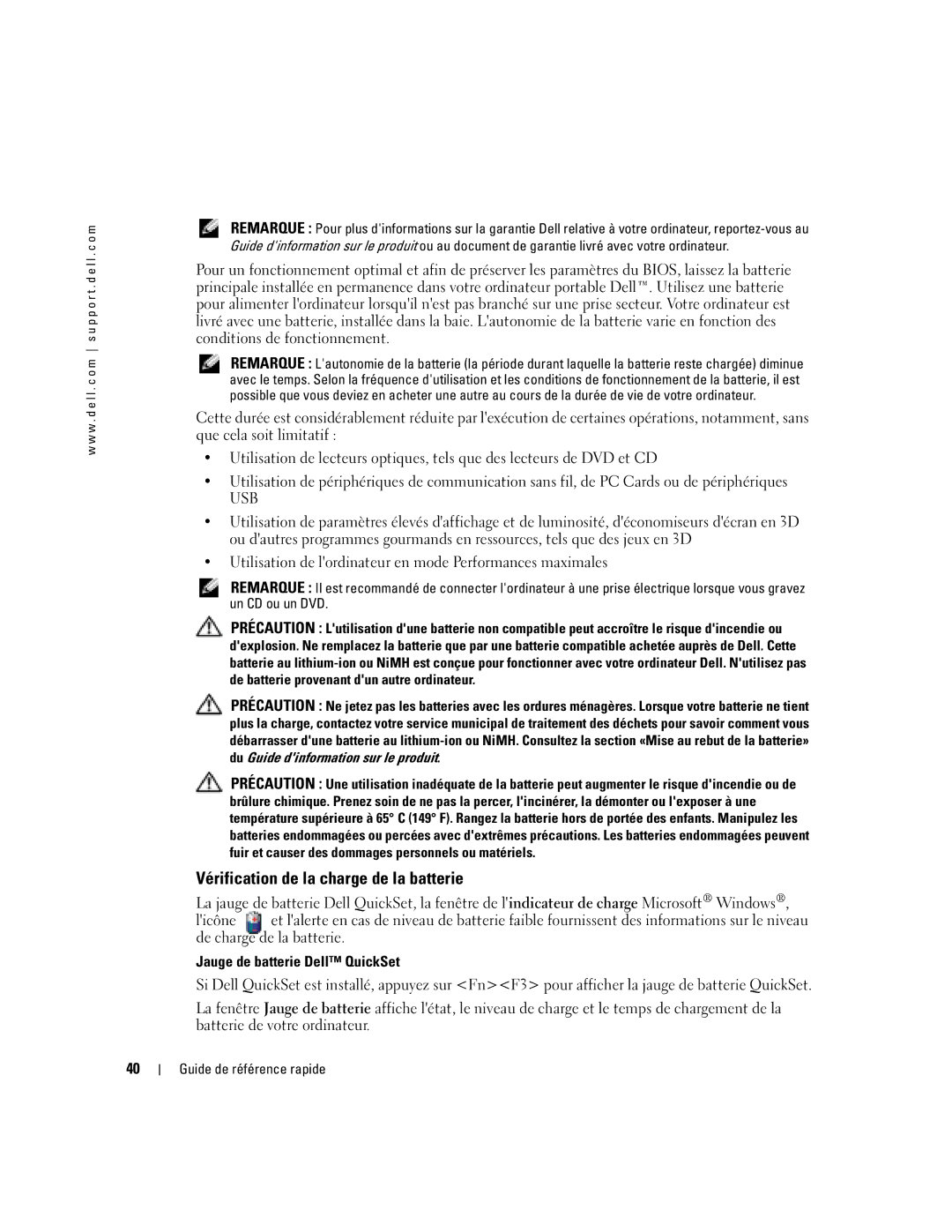 Dell 110L manual Vérification de la charge de la batterie, Jauge de batterie Dell QuickSet 