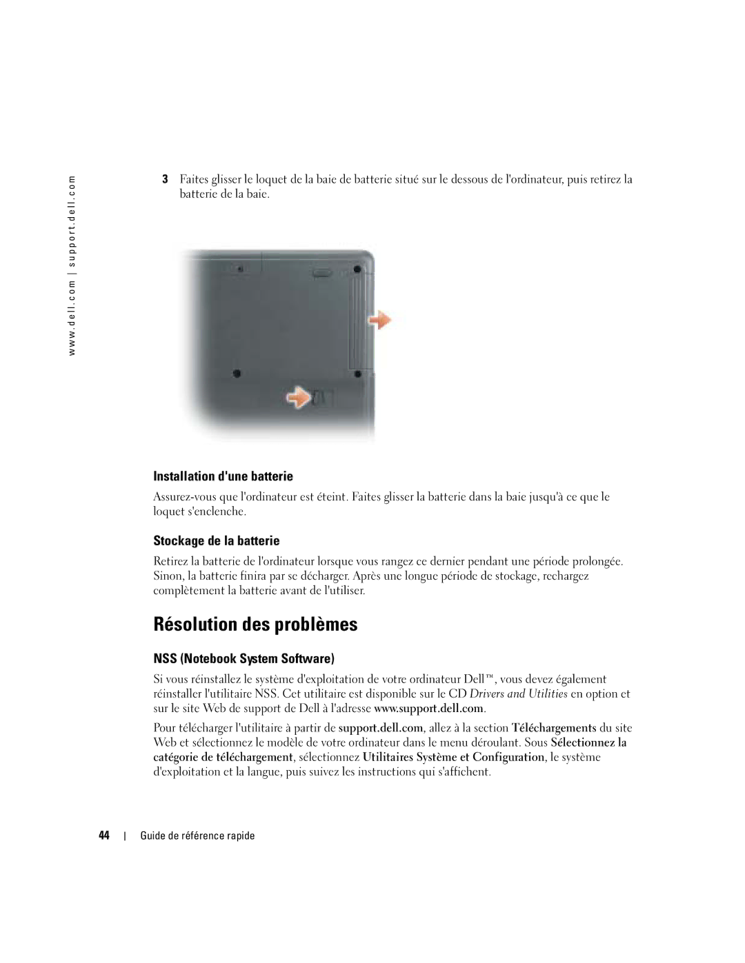 Dell 110L Résolution des problèmes, Installation dune batterie, Stockage de la batterie, NSS Notebook System Software 