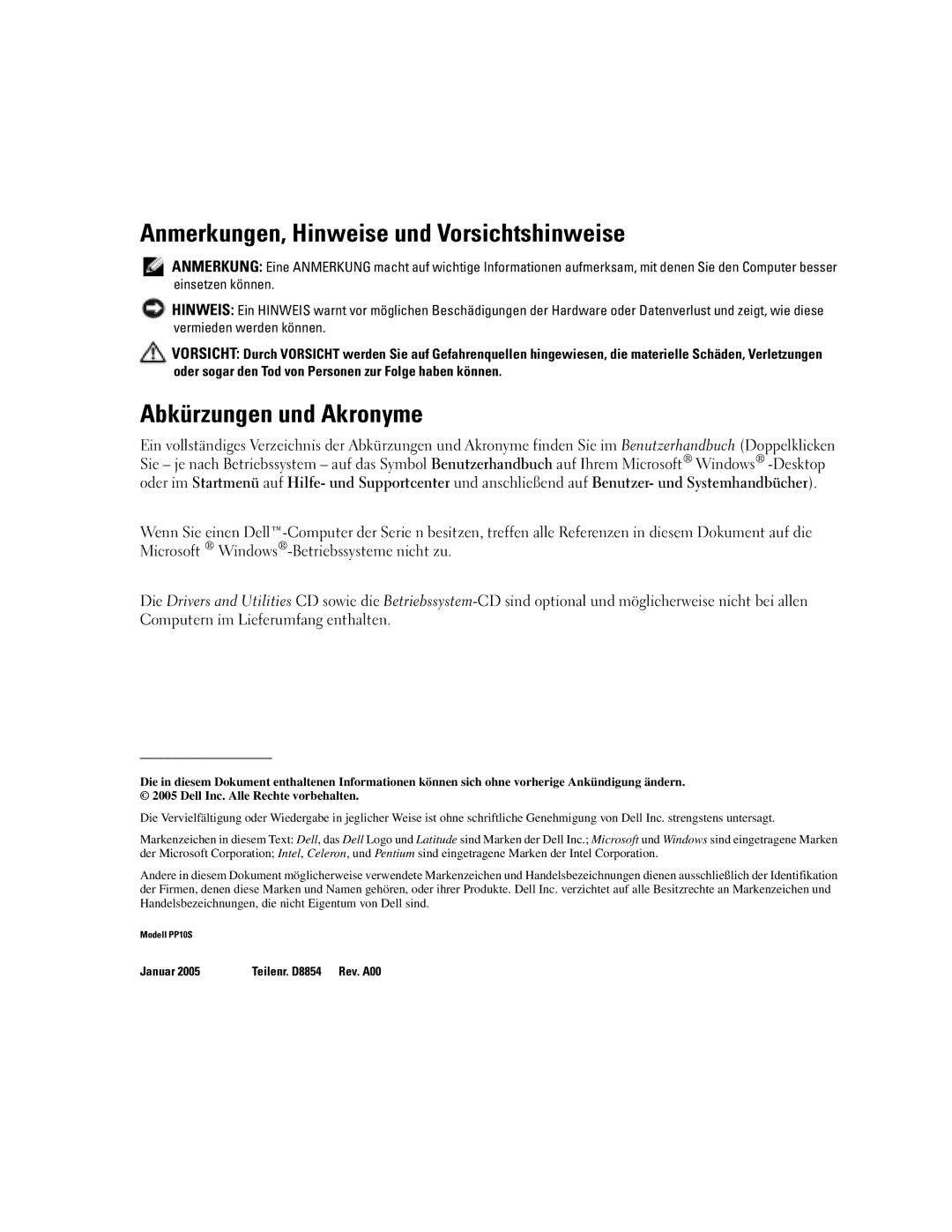 Dell 110L manual Anmerkungen, Hinweise und Vorsichtshinweise, Abkürzungen und Akronyme 