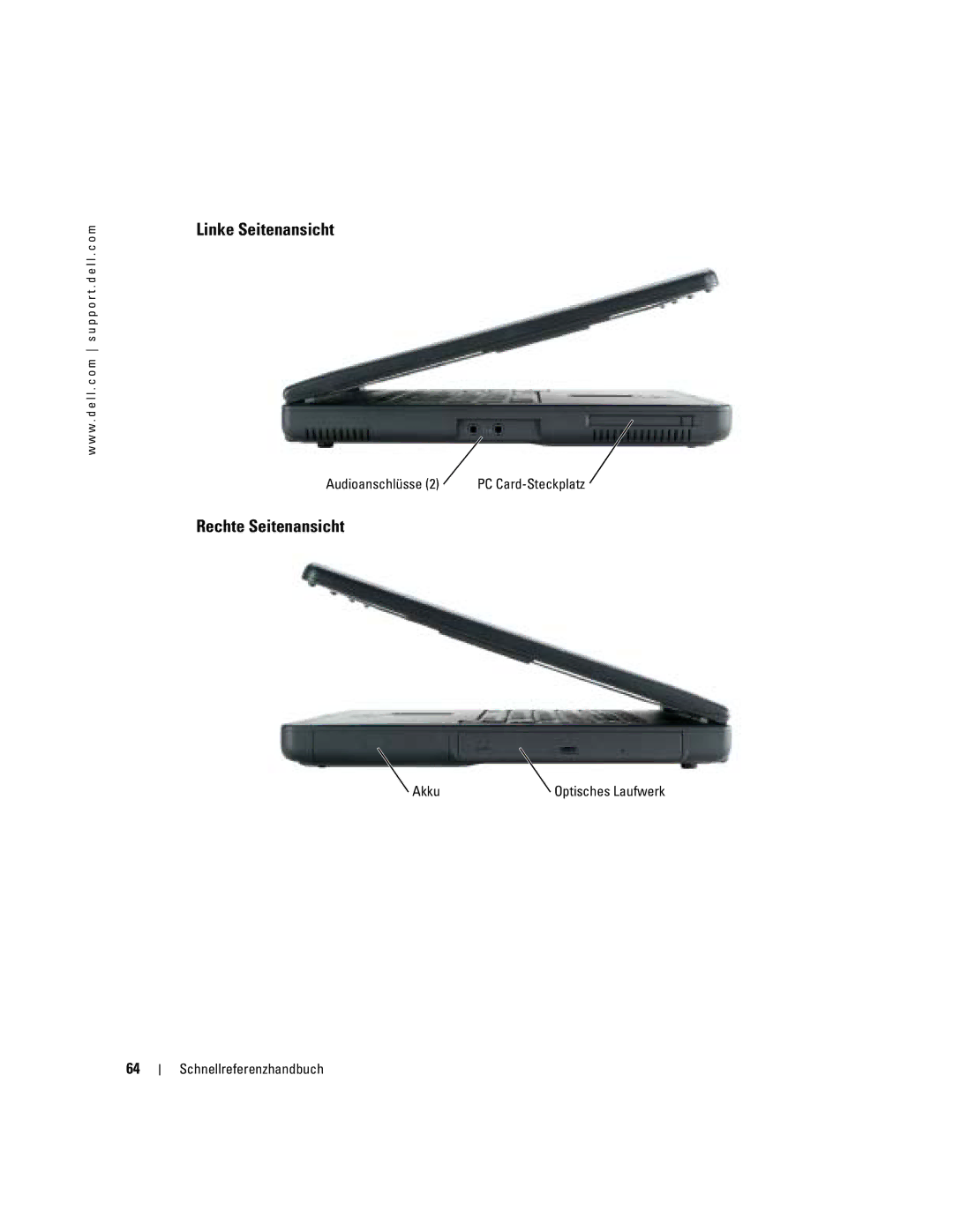 Dell 110L manual Linke Seitenansicht, Rechte Seitenansicht, Audioanschlüsse, Akku 