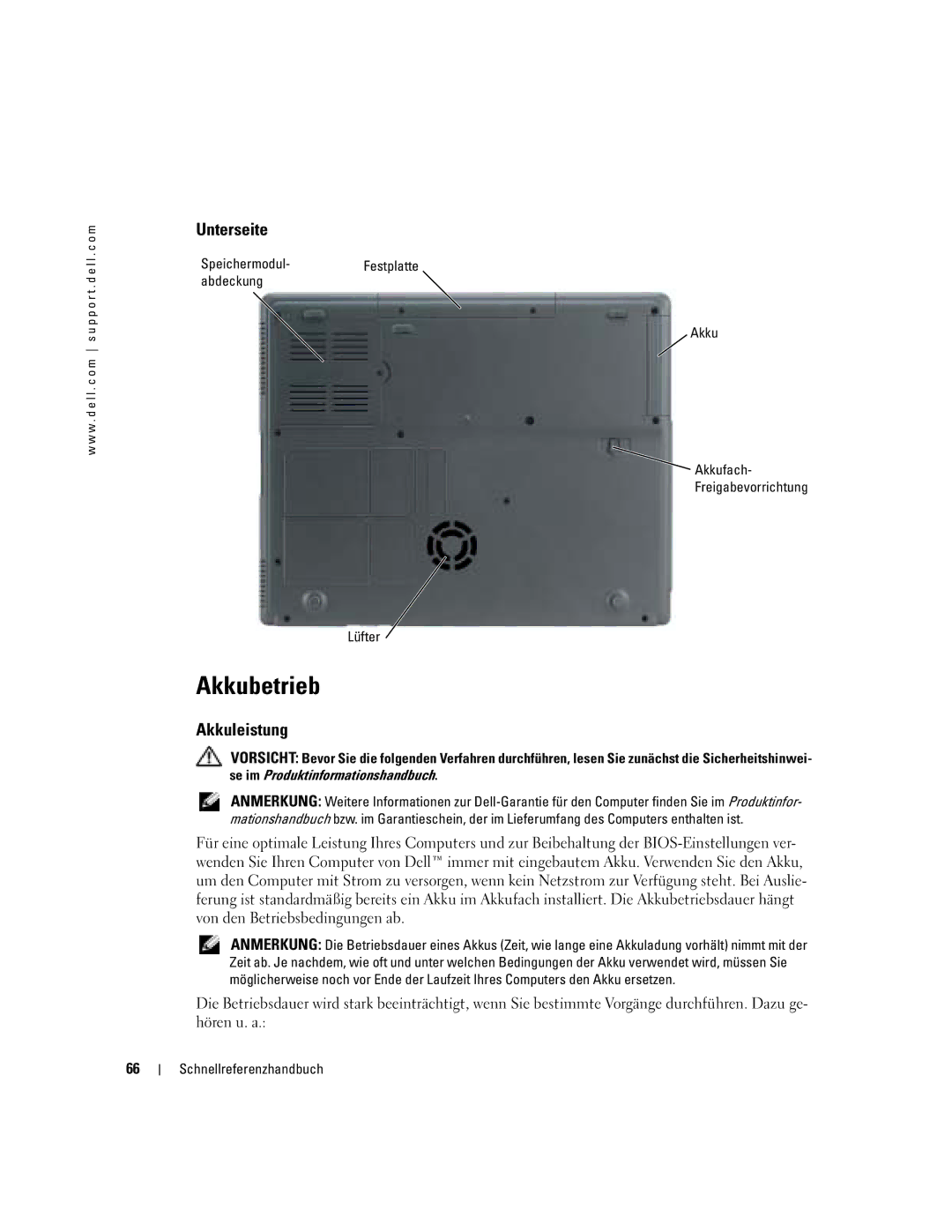 Dell 110L manual Akkubetrieb, Unterseite, Akkuleistung 