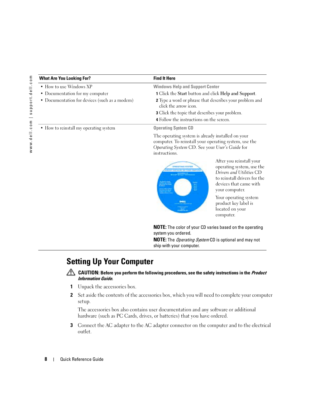 Dell 110L manual Setting Up Your Computer, Windows Help and Support Center, Operating System CD 