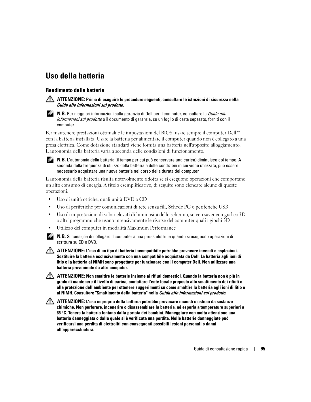 Dell 110L manual Uso della batteria, Rendimento della batteria 