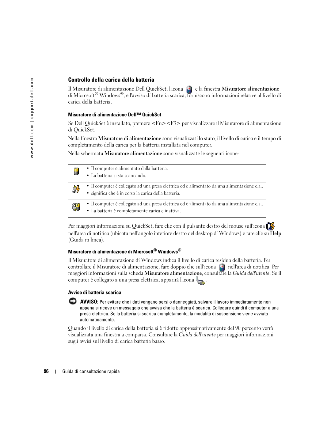 Dell 110L Controllo della carica della batteria, Misuratore di alimentazione Dell QuickSet, Avviso di batteria scarica 