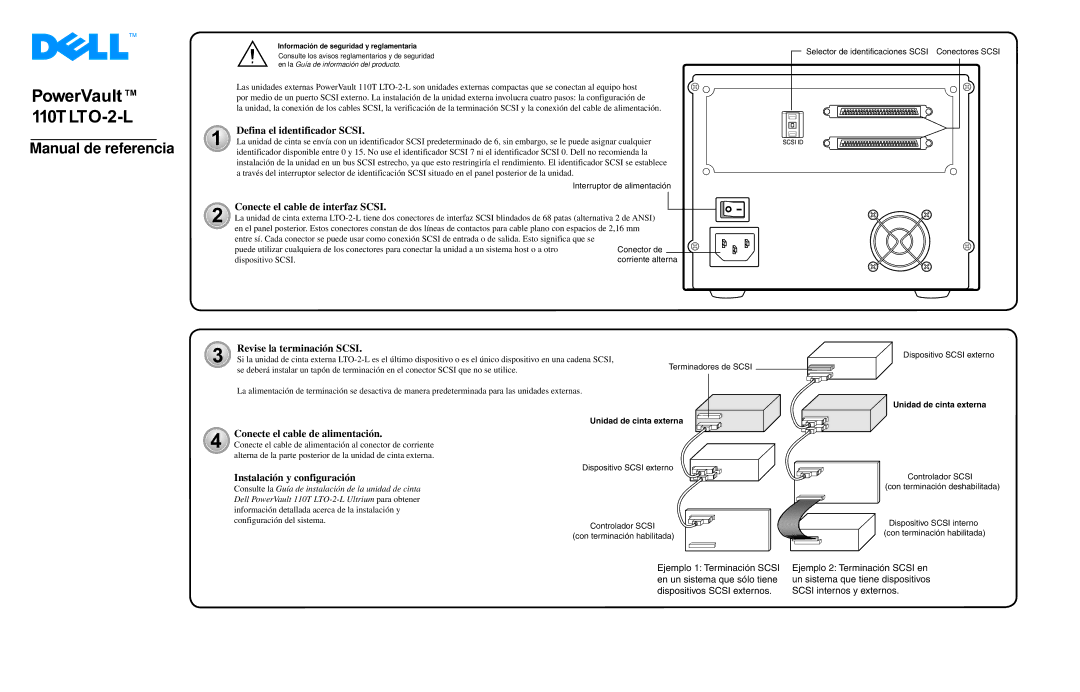 Dell 110T LTO-2-L Manual de referencia, Interruptor de alimentación, Conector de Corriente alterna Terminadores de Scsi 