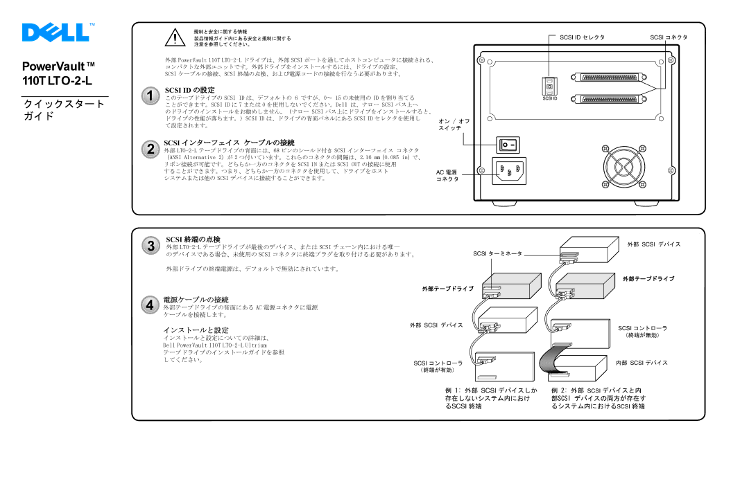 Dell 110T LTO-2-L quick start Scsi ID の設定, Scsi 終端の点検, Scsi ID セレクタ, Ac 電源 