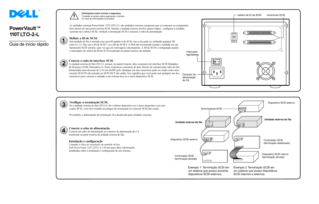 Dell 110T LTO-2-L quick start Definir a ID de Scsi, Conecte o cabo de interface Scsi, Verifique a terminação Scsi 