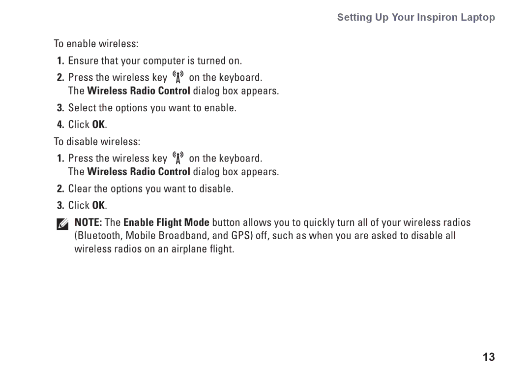 Dell V0K33, 1110, P03T001 setup guide To enable wireless Ensure that your computer is turned on 