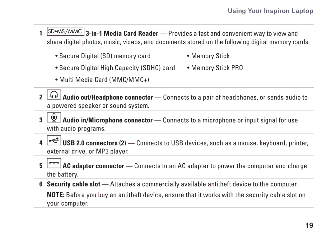 Dell 1110, P03T001, V0K33 setup guide Using Your Inspiron Laptop 