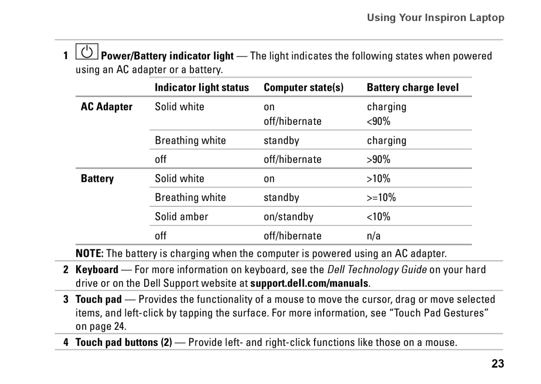 Dell 1110, P03T001, V0K33 setup guide Indicator light status, Battery charge level, AC Adapter 