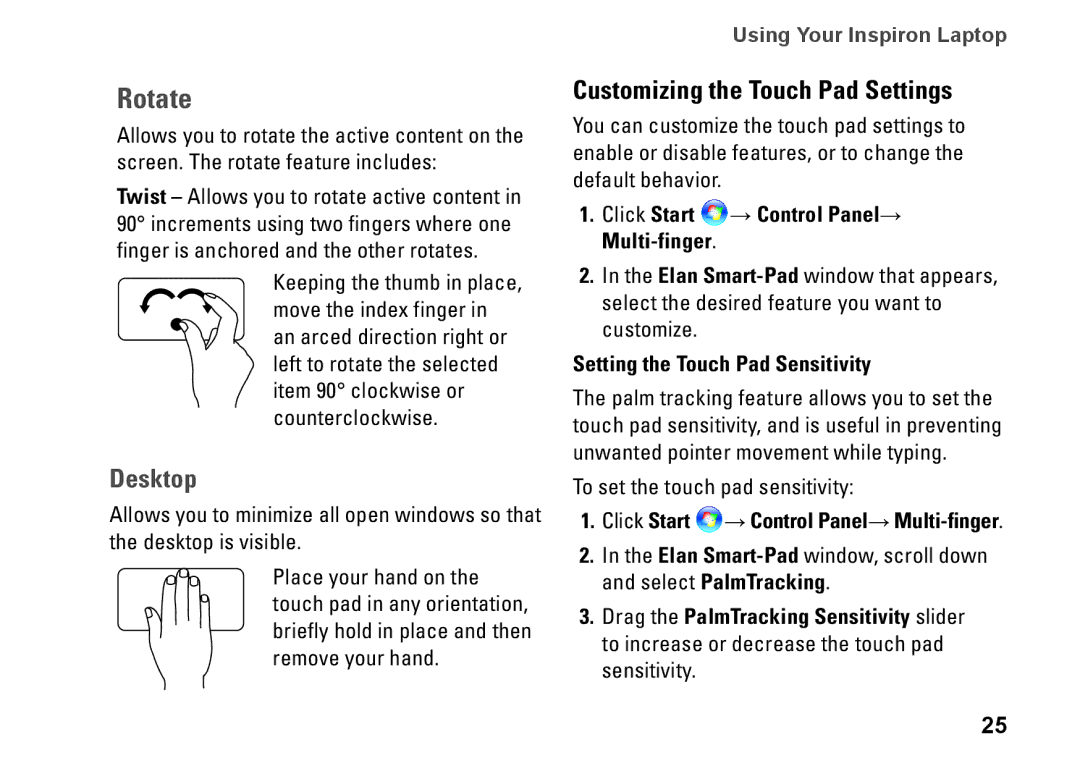 Dell V0K33, 1110, P03T001 setup guide Customizing the Touch Pad Settings, Click Start → Control Panel→ Multi-finger 