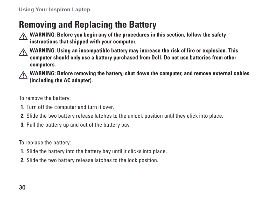 Dell 1110, P03T001, V0K33 setup guide Removing and Replacing the Battery 