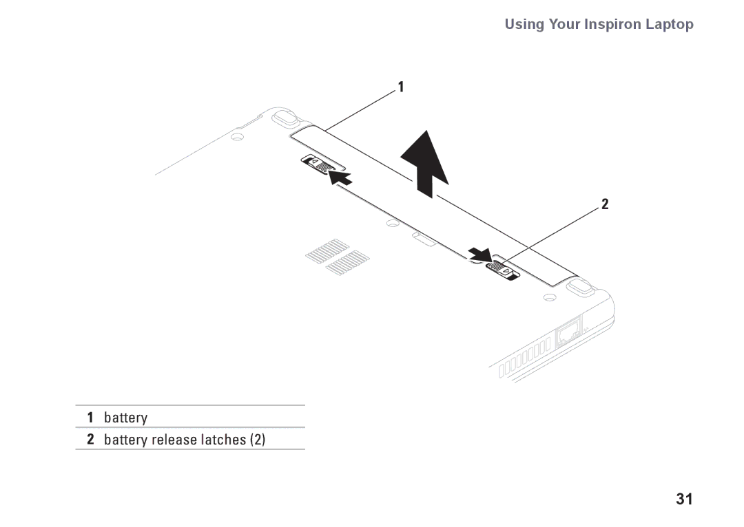 Dell 1110, P03T001, V0K33 setup guide Battery Battery release latches 