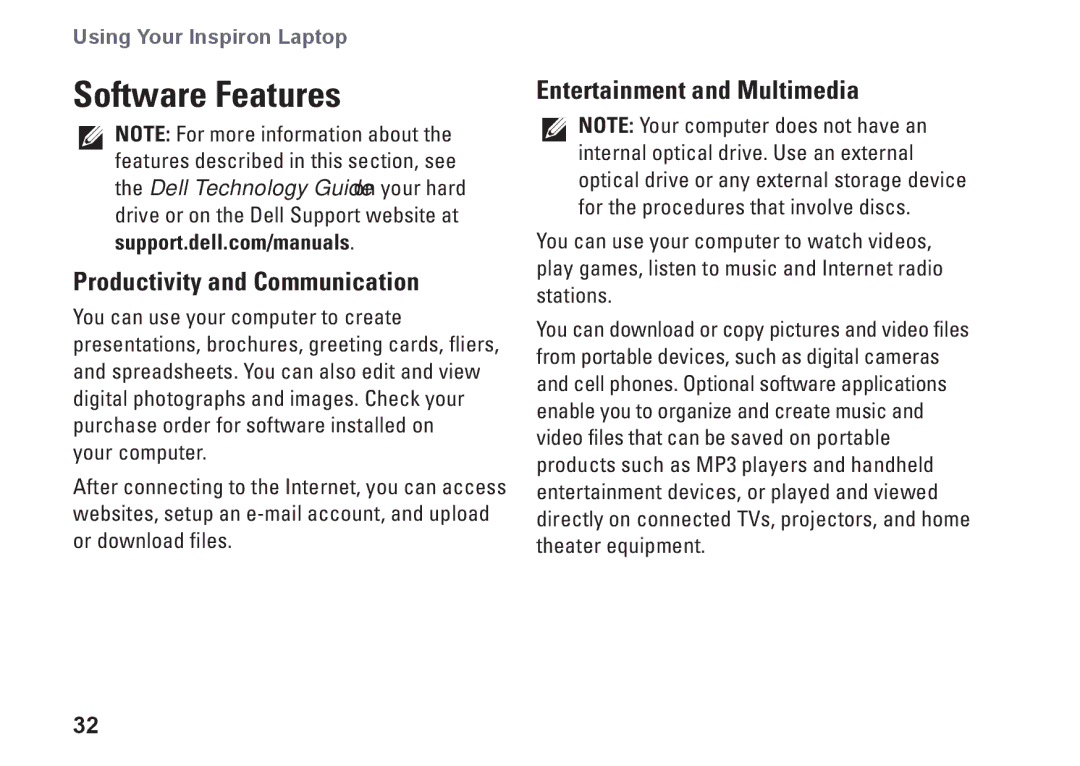 Dell P03T001, 1110, V0K33 setup guide Software Features, Productivity and Communication, Entertainment and Multimedia 