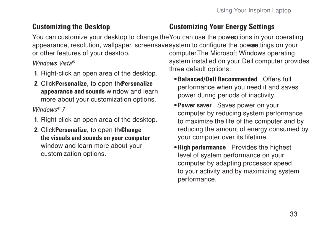 Dell V0K33, 1110, P03T001 setup guide Customizing the Desktop, Customizing Your Energy Settings 