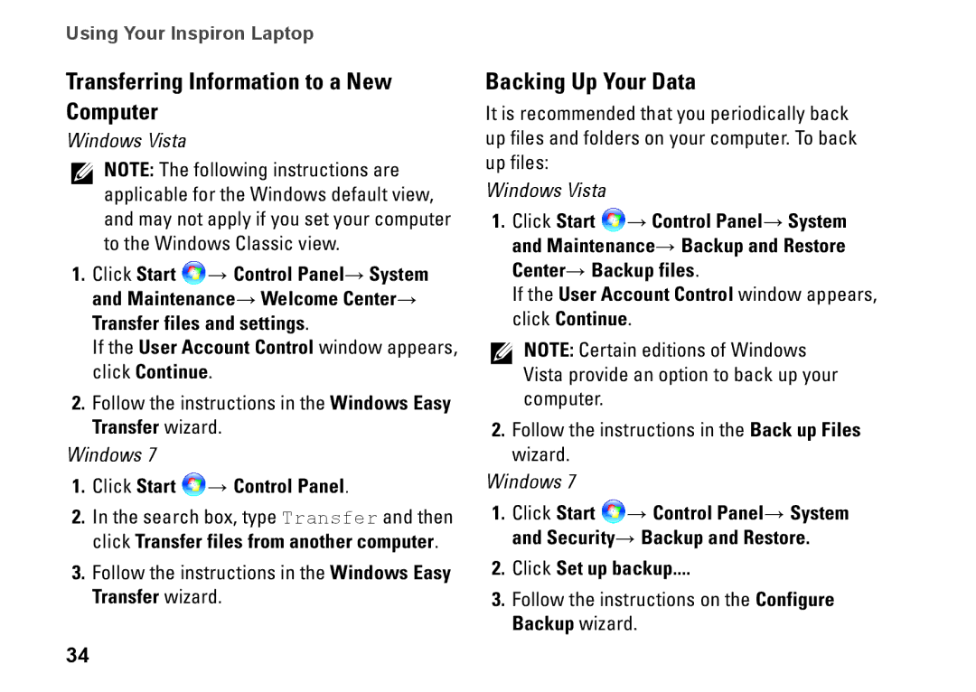 Dell 1110, P03T001, V0K33 Transferring Information to a New Computer, Backing Up Your Data, Click Set up backup 