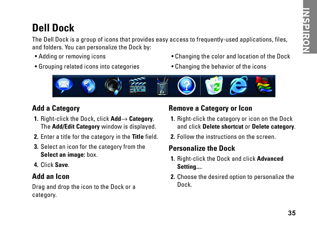 Dell 1110, P03T001, V0K33 Dell Dock, Add a Category, Add an Icon, Remove a Category or Icon, Personalize the Dock 