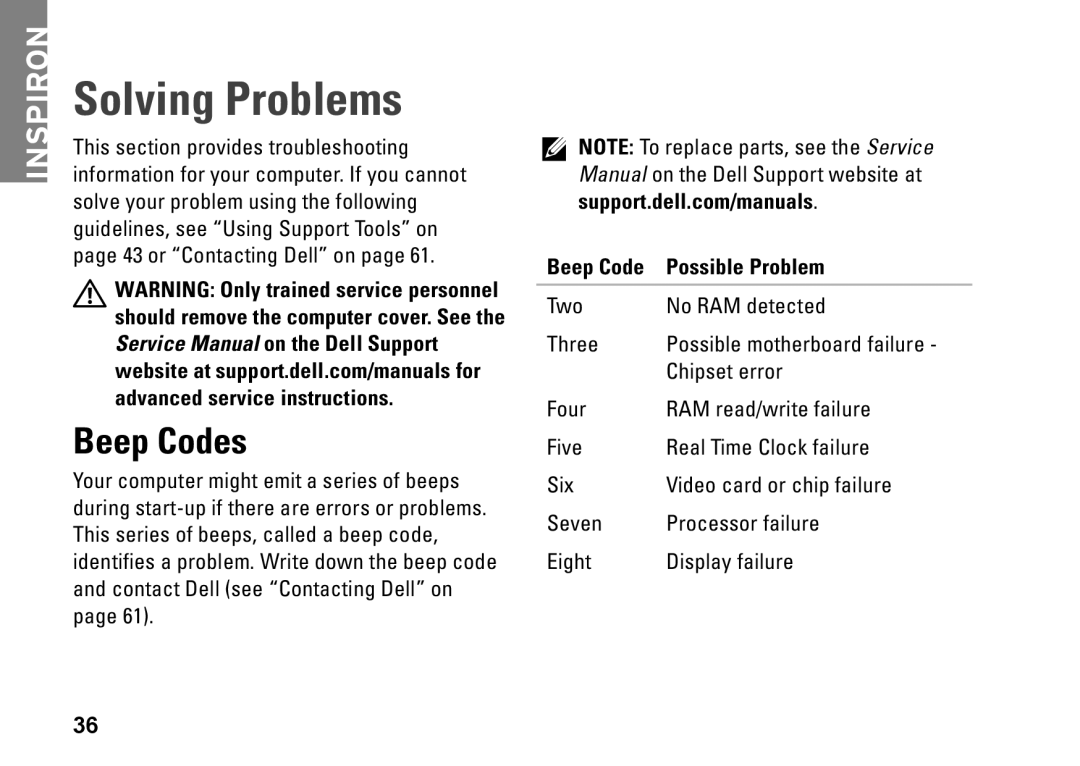 Dell P03T001, 1110, V0K33 setup guide Solving Problems, Beep Codes, Beep Code Possible Problem 