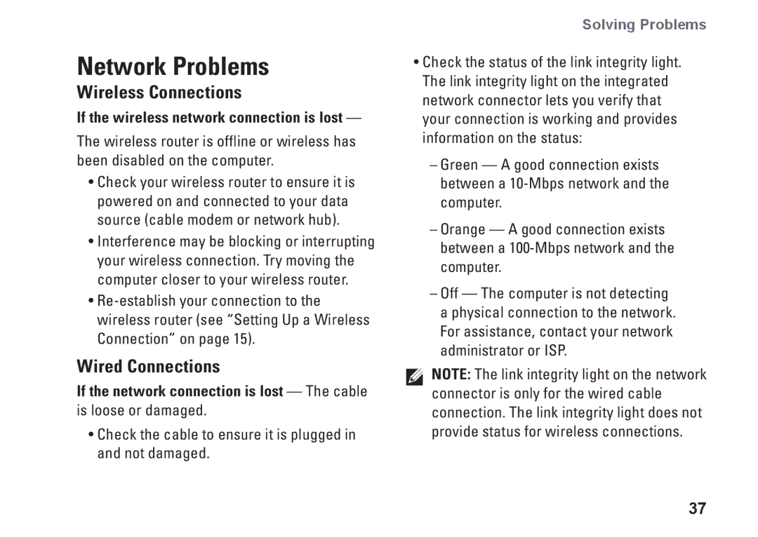 Dell V0K33, 1110 Network Problems, Wireless Connections, Wired Connections, If the wireless network connection is lost 