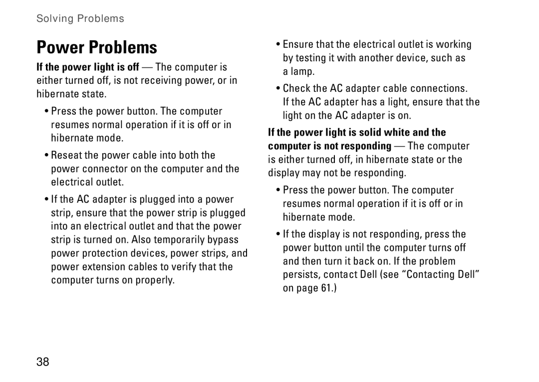 Dell 1110, P03T001, V0K33 setup guide Power Problems 