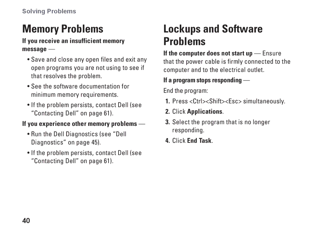 Dell P03T001 Memory Problems, If you receive an insufficient memory message, If a program stops responding, Click End Task 