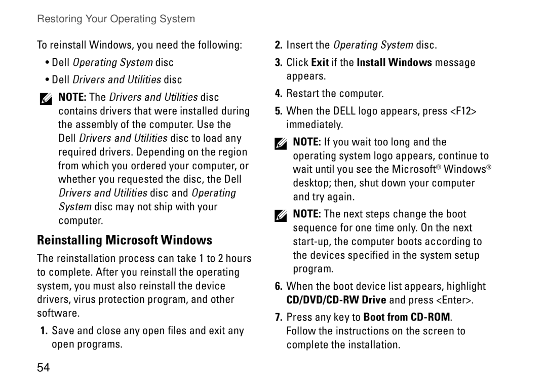 Dell 1110, P03T001, V0K33 setup guide Reinstalling Microsoft Windows, Click Exit if the Install Windows message appears 