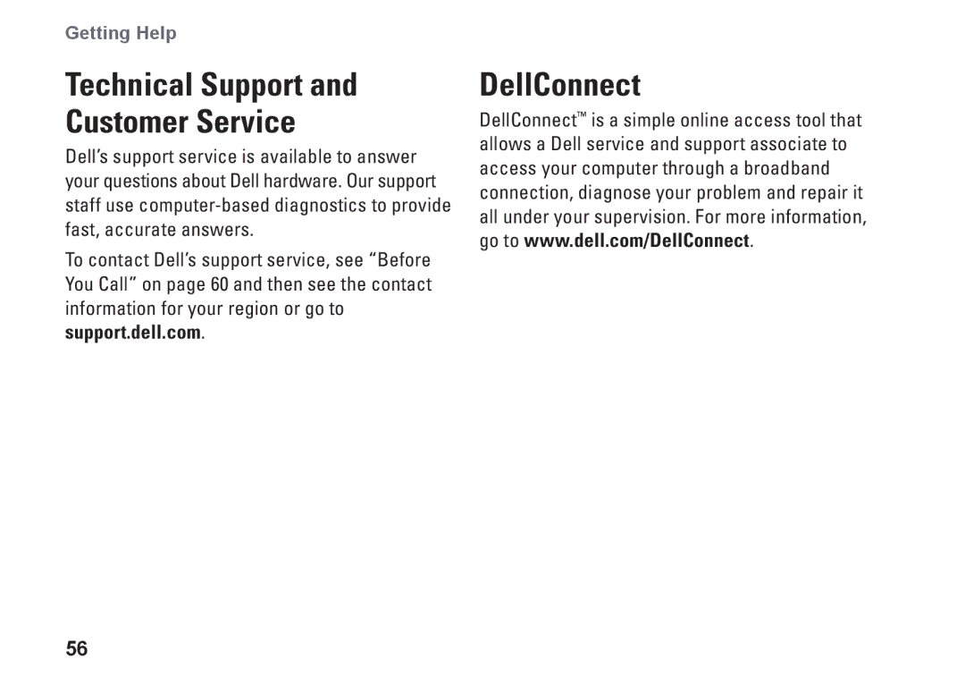 Dell P03T001, 1110, V0K33 setup guide DellConnect, Technical Support and Customer Service 