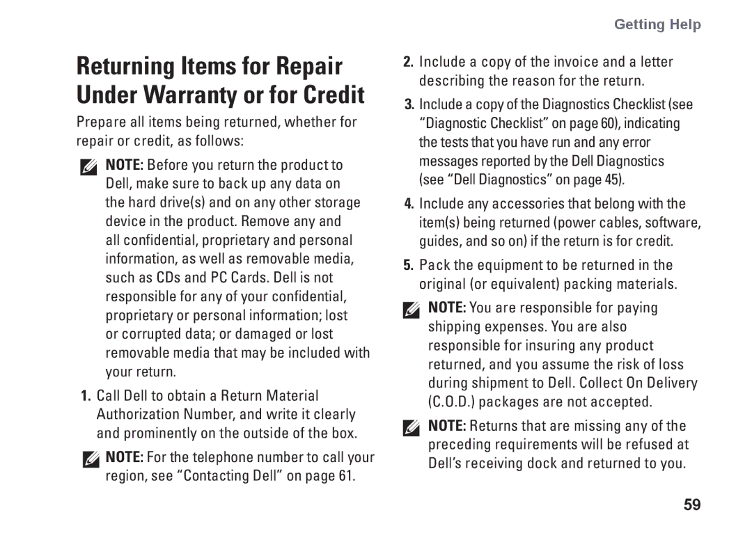 Dell 1110, P03T001, V0K33 setup guide Returning Items for Repair Under Warranty or for Credit 