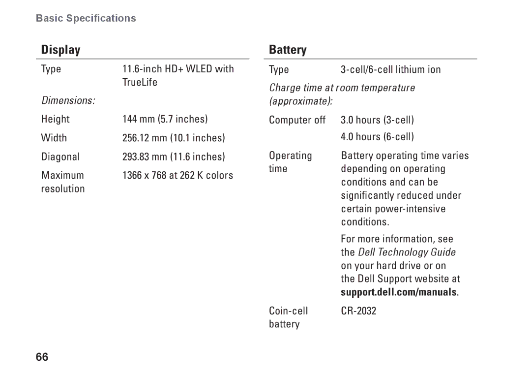 Dell 1110, P03T001, V0K33 setup guide Display, Battery 