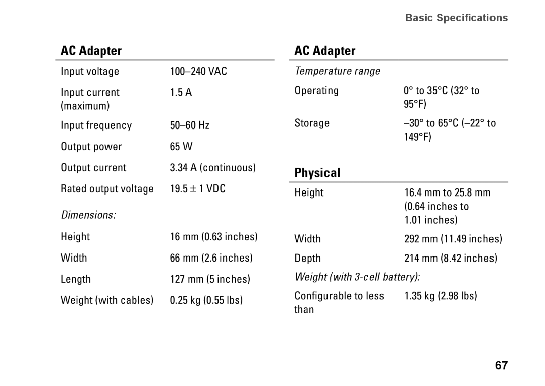 Dell 1110, P03T001, V0K33 setup guide AC Adapter, Physical 