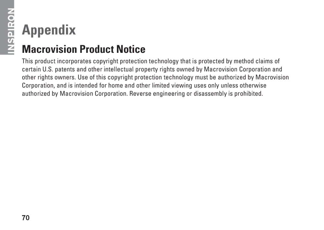 Dell 1110, P03T001, V0K33 setup guide Appendix, Macrovision Product Notice 