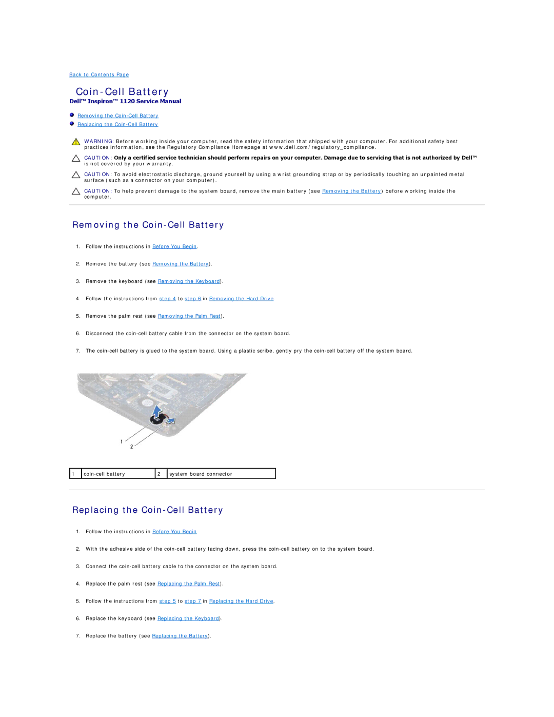 Dell 1120 manual Removing the Coin-Cell Battery, Replacing the Coin-Cell Battery 
