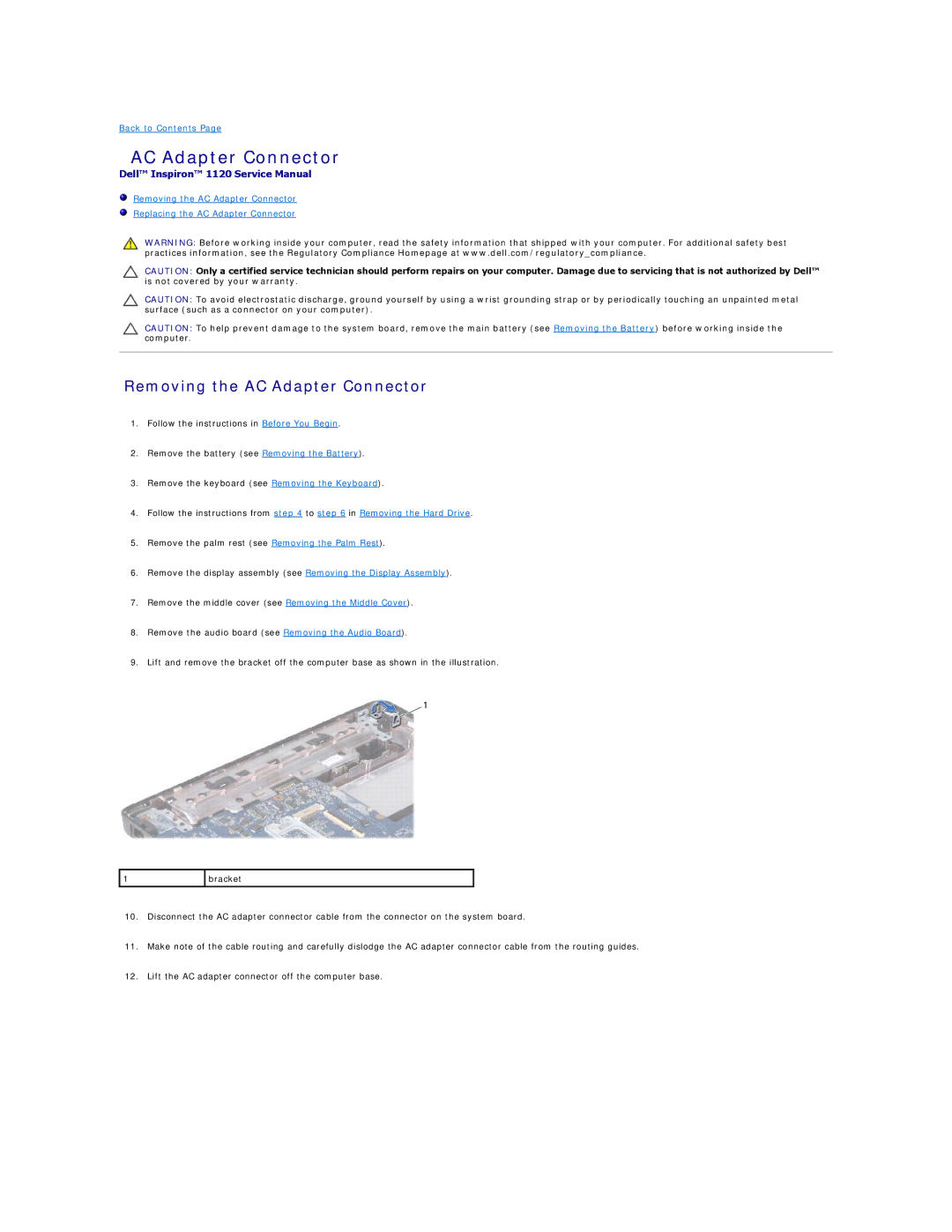 Dell 1120 manual Removing the AC Adapter Connector 