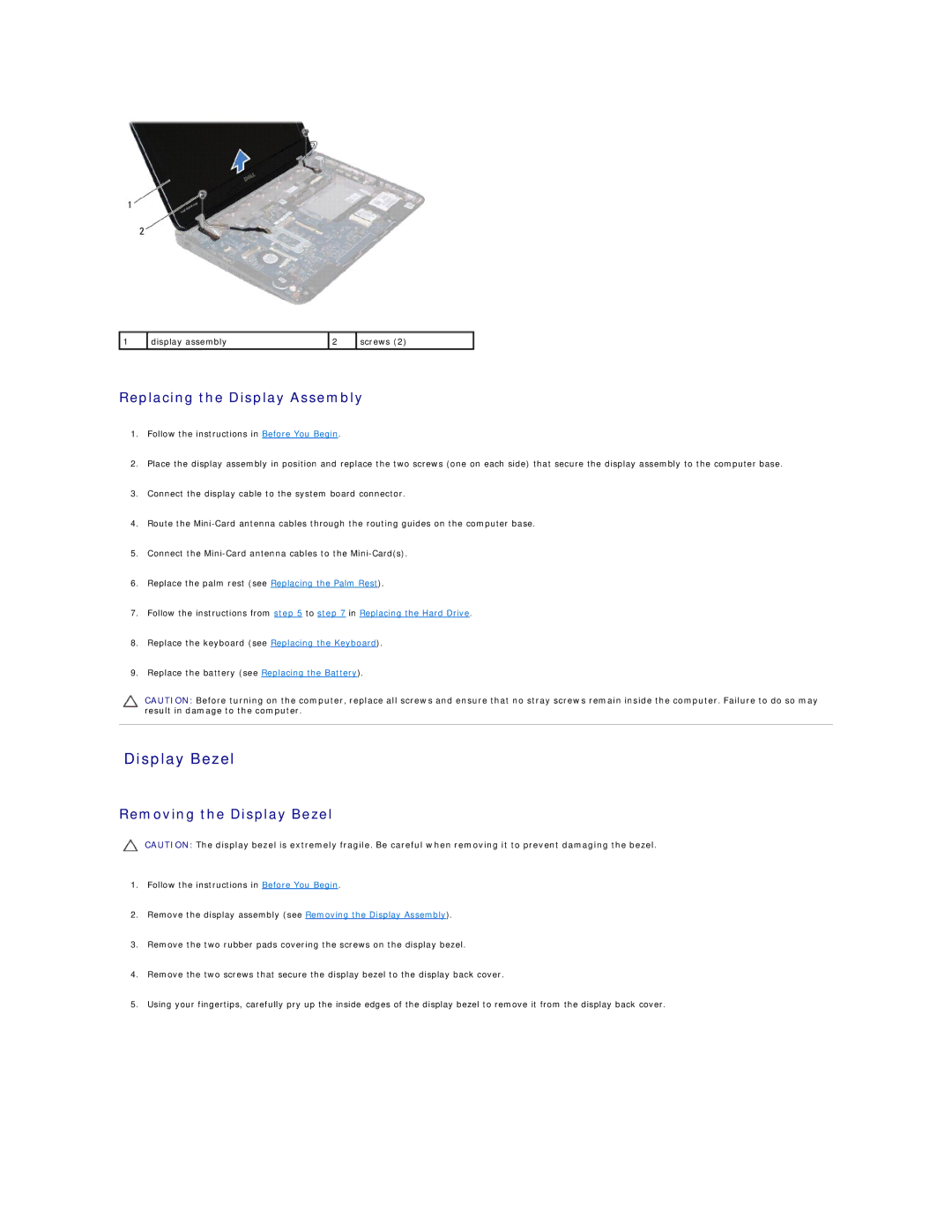 Dell 1120 manual Display Bezel, Replacing the Display Assembly 