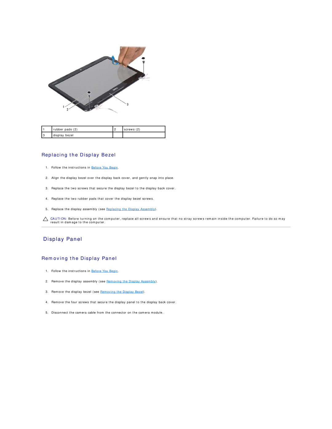 Dell 1120 manual Display Panel, Replacing the Display Bezel 