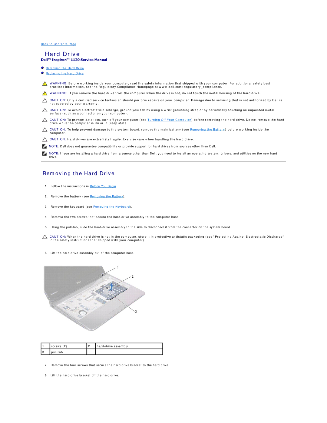 Dell 1120 manual Removing the Hard Drive 