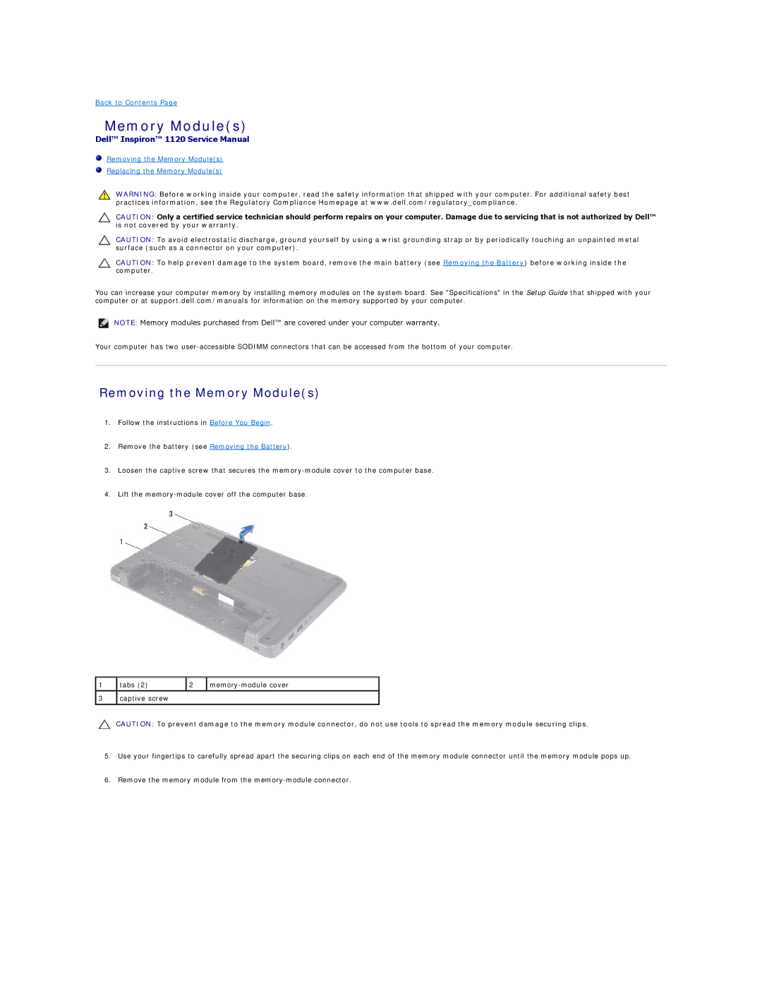 Dell 1120 manual Removing the Memory Modules 