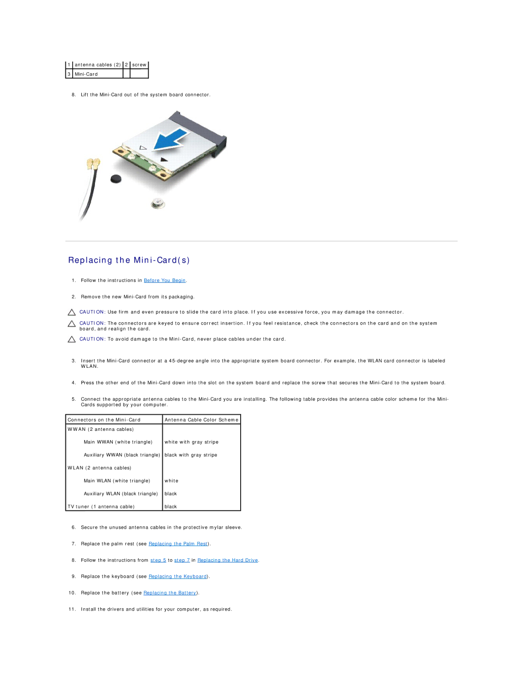 Dell 1120 manual Replacing the Mini-Cards, Connectors on the Mini-Card Antenna Cable Color Scheme 