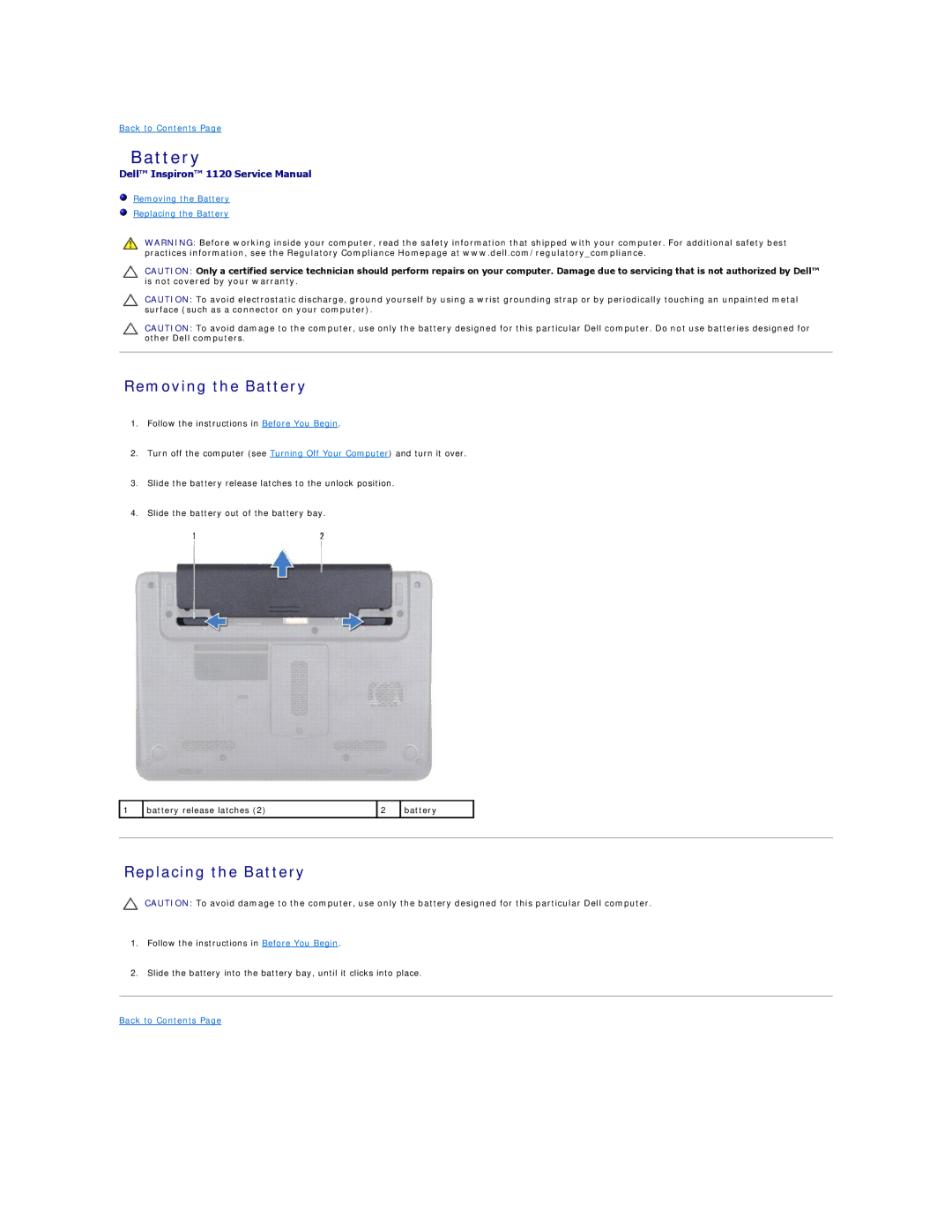 Dell 1120 manual Removing the Battery, Replacing the Battery 