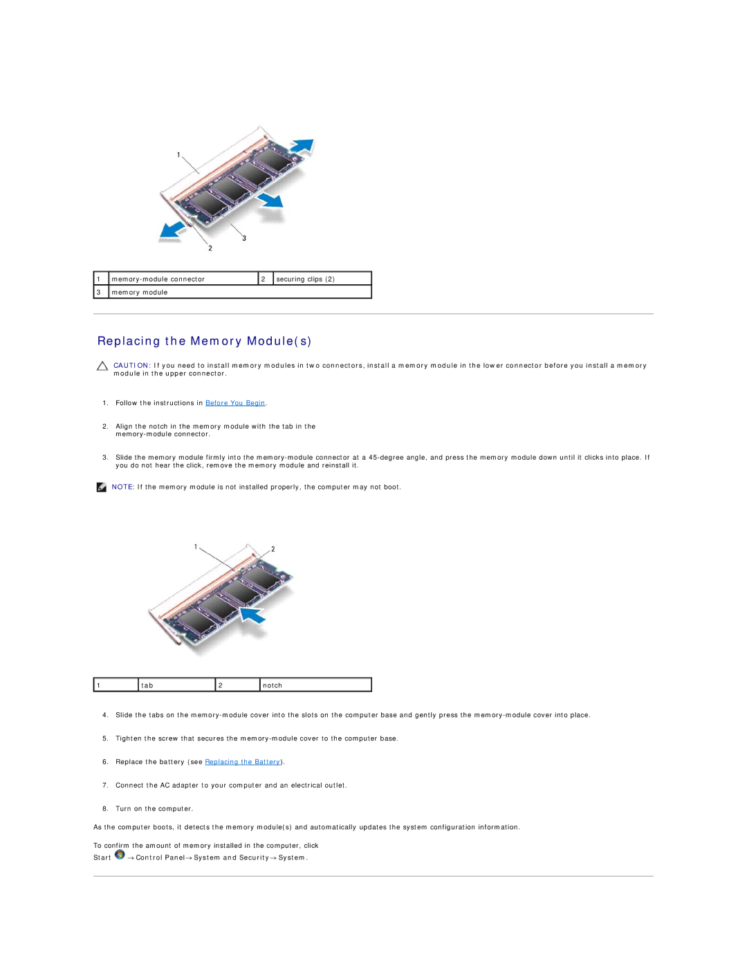 Dell 1121 manual Replacing the Memory Modules 