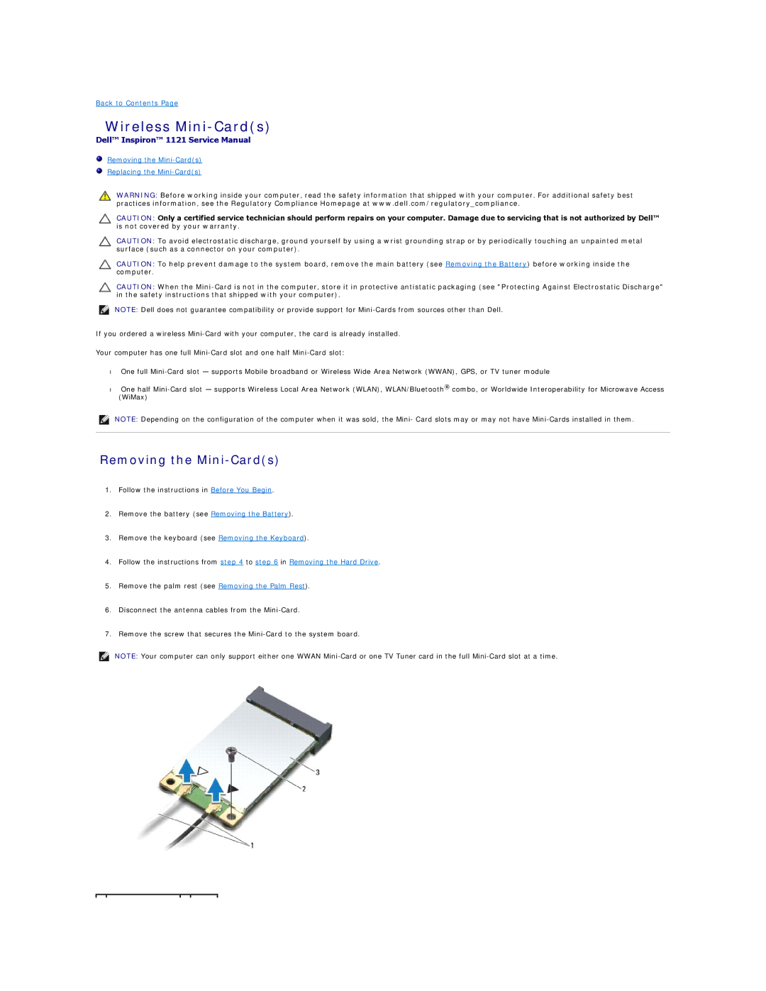 Dell 1121 manual Wireless Mini-Cards, Removing the Mini-Cards 