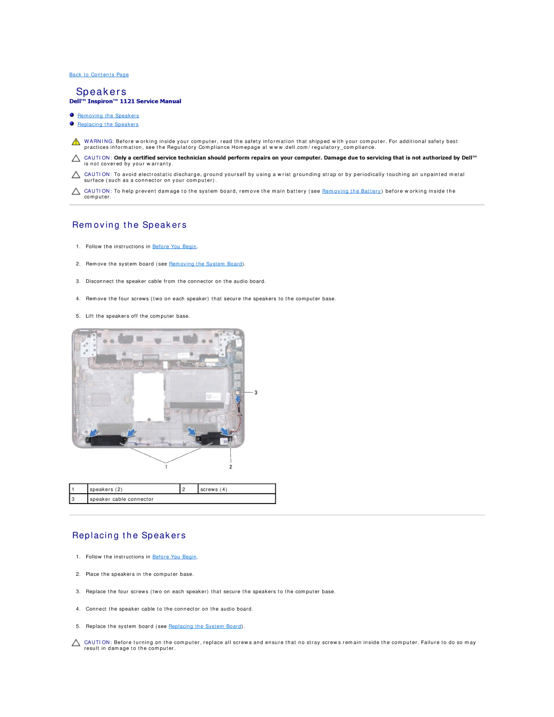 Dell 1121 manual Removing the Speakers, Replacing the Speakers 