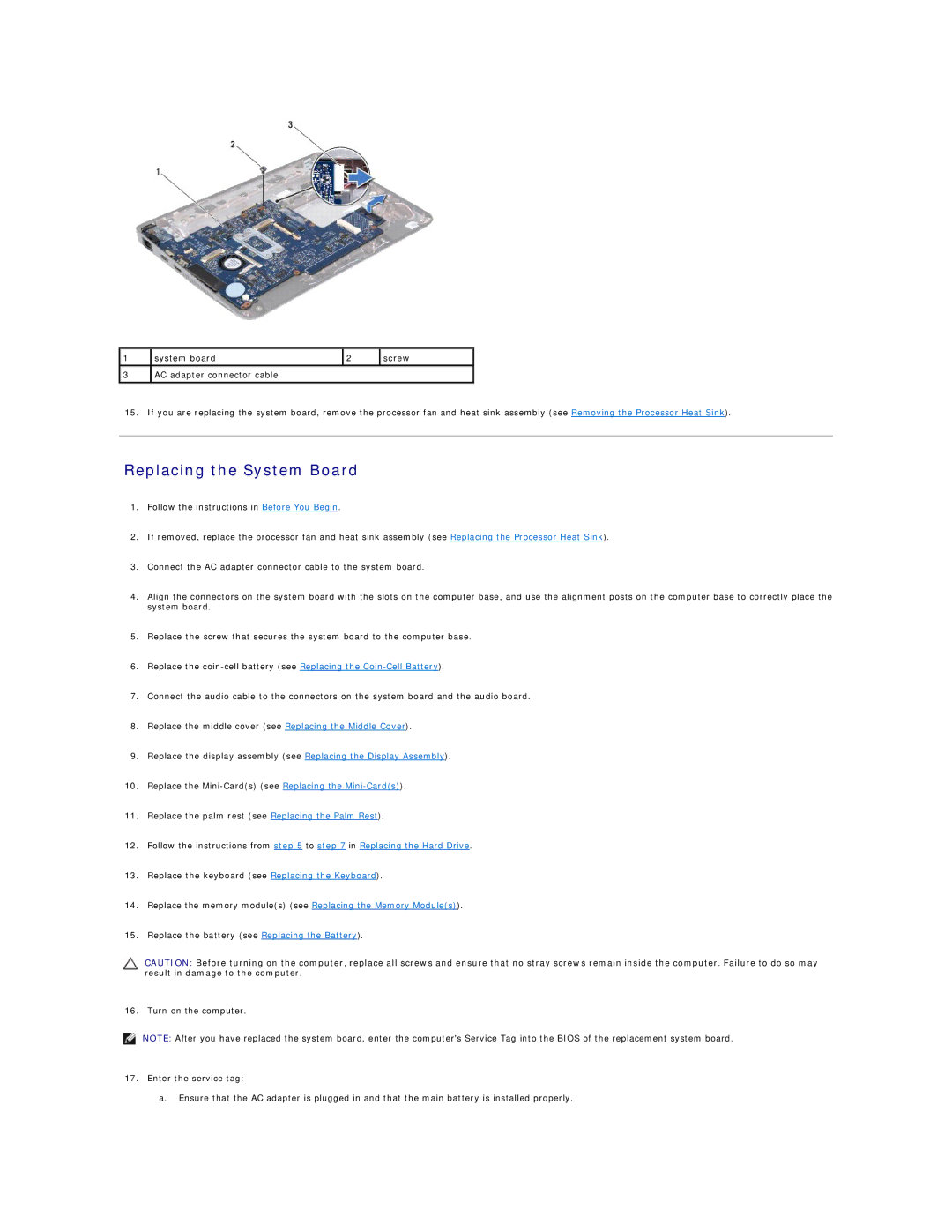 Dell 1121 manual Replacing the System Board 