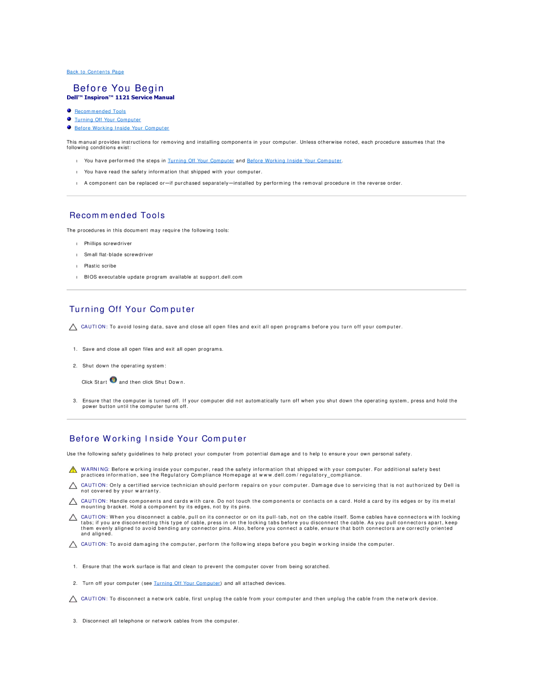 Dell 1121 manual Before You Begin, Recommended Tools, Turning Off Your Computer, Before Working Inside Your Computer 