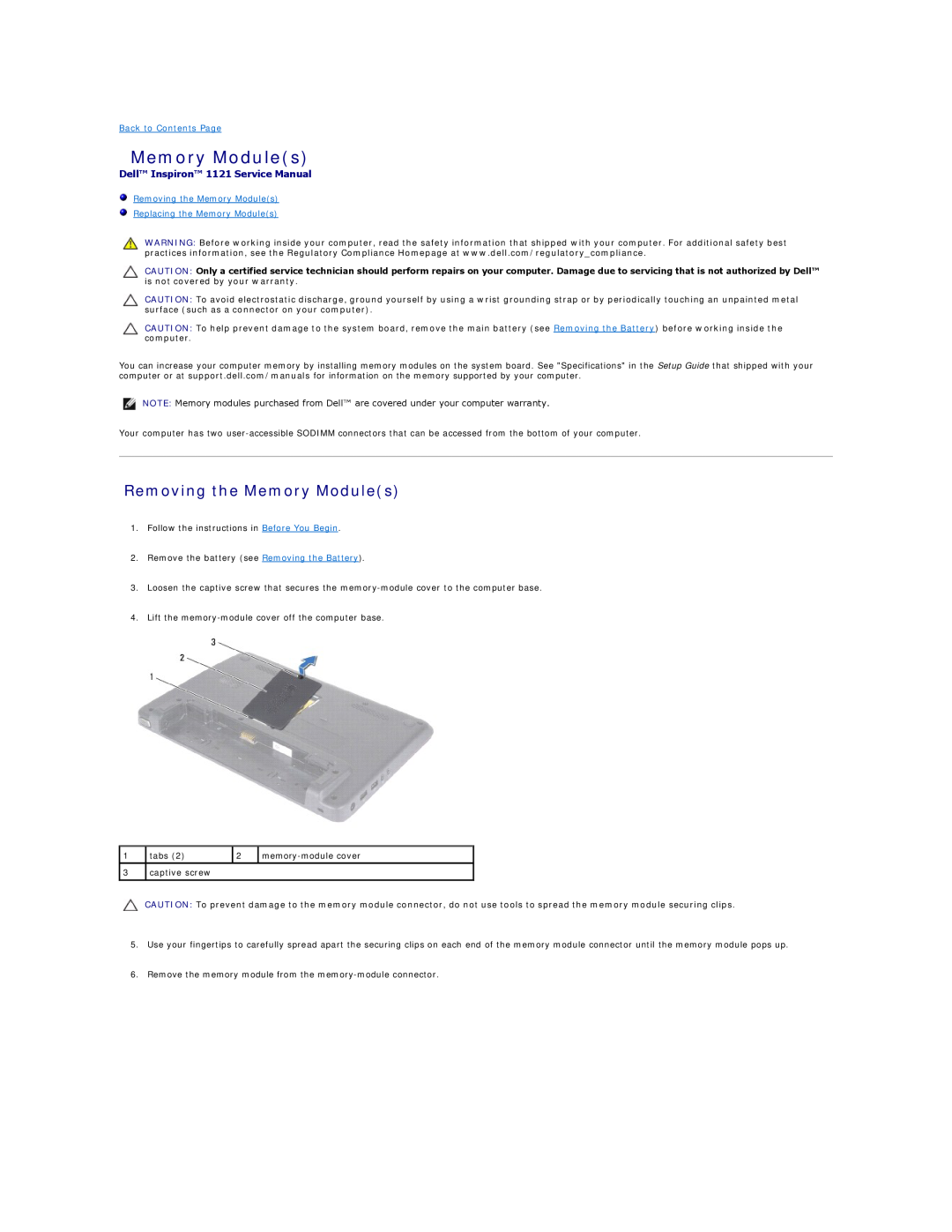 Dell manual Removing the Memory Modules, Dell Inspiron 1121 Service Manual 